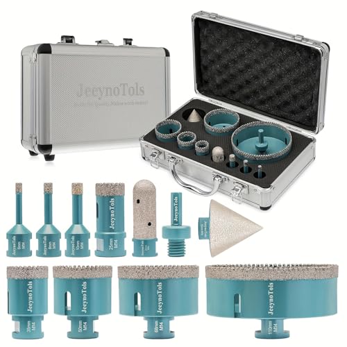 11pcs Serrated Brazing Hole Saw Diamond Drill Bit Set (6/8/10/25/35/50/68/110mm Drill Bit + 20mm Finger Milling Bit + 50mm Beveling Chamfer Bit + Adapter M14 Thread) For Ceramic Tile Marble Porcelain von JeeynoTols