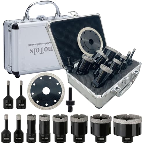12PCs Dry Diamond Core Drill Bit Kit,Family Daily Used,6/6/8/10/20/25/35/40/50/68mm Drill Bits & 4.5"(115mm) Dual Coated Tile Saw Blade & 1PCs Adapters for Ceramic Tile,Marble Porcelain M14 Thread von JeeynoTols