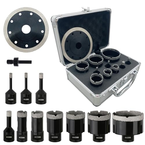 12PCs Dry Diamond Tile Drill Bit Kit,High-Quality,6/6/8/10/20/25/35/40/50/68mm Drill Bits & 4.5"(115mm) Dual Coated Tile Saw Blade & 1PCs Adapters for Ceramic Tile,Marble Porcelain M14 Thread von JeeynoTols