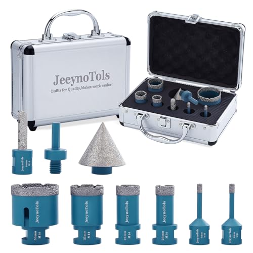 JeeynoTols 9pcs Diamond Core Drills Set, 6/6/20/25/35/50mm Diamond Drill Bits & 10mm Diamond Milling Bit & 50mm Diamond Beveling Chamfer Bit & Triangle Adapter, For Ceramic Tile Marble Porcelain With von JeeynoTols