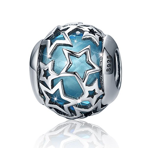 Star Charms Charm-Anhänger, Zierkugel aus 925er-Sterlingsilber mit eingefasster Glasperle in Blau, für Armbänder oder Halsketten, Damenschmuck blau von Jefanny