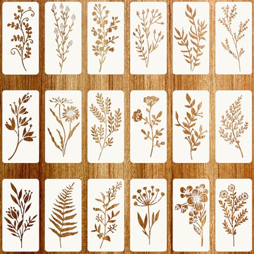 Jeffdad 18 Stück Blumen Schablone, Wiederverwendbar Wildblumen Schablonen zum Malen, 15 * 7,5 cm Malschablonen DIY Vorlagen Malerei Schablonen Set für Scrapbooking Holz Boden Wand Fliesen von Jeffdad