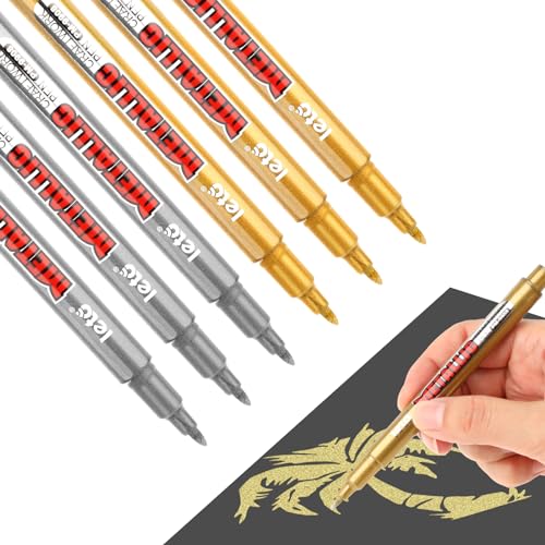 Jeffdad 6 Pcs Metallic Marker Stifte, Gold Metallic Permanent Marker für Papier Glas Stoff Rock Malerei Geschenk Karte Making Scrapbook Album Künstler Illustration(Gold and Silver) von Jeffdad