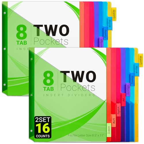 Trennblätter mit 8 Registerkarten für 3-Ringbinder, 16 Zählungen, 3 Löcher, Index-Trennblätter mit 2 Taschen, einführbare 8 Registerkarten für 1,27 cm, 2,5 cm, 5,1 cm, 7,6 cm, 8 Farben (2) von JehXinz
