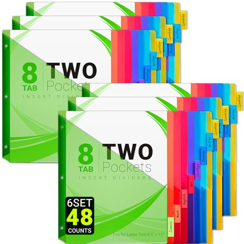 Trennblätter mit 8 Registerkarten für 3-Ringbinder, 48 Zählungen, 3 Löcher, Index-Trennblätter mit 2 Taschen, einführbare 8 Registerkarten für 1,27 cm/2,5 cm/5,1 cm/7,6 cm Ordner, 8 Farben (6) von JehXinz