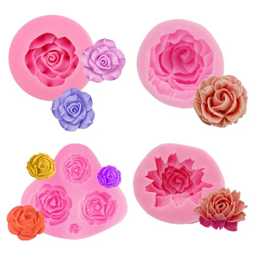 4 Stücke 3D Blume Silikon Seifen Form, Seifenform, Rose Blume Fondant Form, Silikon Form, Harz Rose Kerzen Form für Kuchen Dekoration Schokolade Handgemachte Süßigkeit Herstellung von JeiibrZui