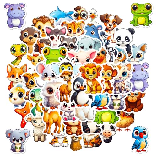 50 Lustige Aufkleber Tiere, Tiere Sticker Set, Tiere aufkleber kinder, Vinyl Stickers mit Niedlichen Aquarellen Tiere Motiven, Wasserfeste Sticker für Kleinkinder zum Kleben, 4-5 CM von JeiibrZui