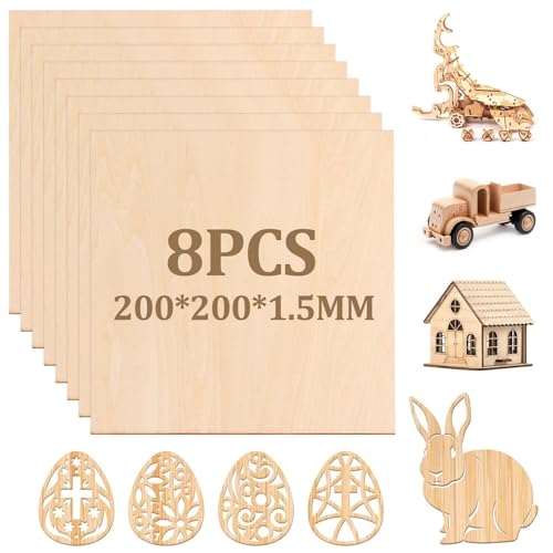 8 Stück Lindenholz,Balsa Holz Platten,Bastel Holzplatte,Dünne Linde Holzplatten,Ideal für Laserprojekte,Kunst und Handwerk,DIY Handwerk Holz Mini Haus Boot Flugzeug Modell(200 * 200 * 1,5mm) von JeiibrZui
