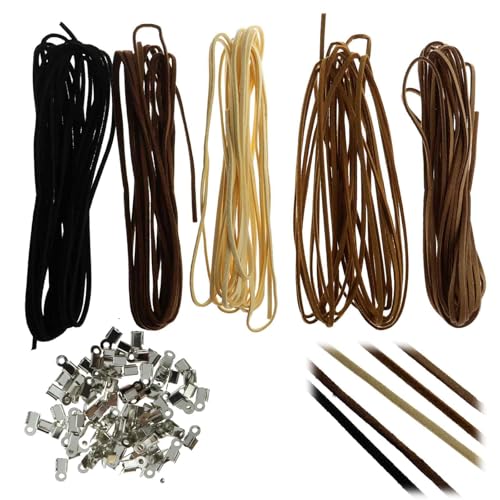 Lederband Kette, 5 Rollen 5M x 2,6mm Lederschnur, Veloursleder Band Faden, Vintage Band Faden, Reißfeste Lederschnur DIY Armband Halskette(Beige, Mittlerer Kaffee, Schwarz, Khaki, Gelber Kaffee) von JeiibrZui