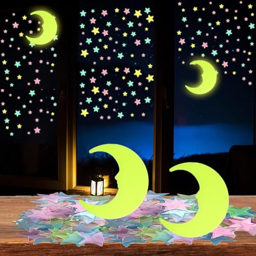 Leuchtende Sterne Wandsticker im Dunkelen Mond Set,200 bunte Sterne und 2 fluoreszierende 3D-Mondsichelaufkleber Wand Plastik mit Selbstklebend Sticker für Schlafzimmer Kinderzimmer Decke Leuchtende Sterne Wandsticker im Dunkelen Mond Set,200 bunte Sterne und 2 fluoreszierende 3D-Mondsichelaufkleber Wand Plastik mit Selbstklebend Sticker für Schlafzimmer Kinderzimmer Decke von JeiibrZui