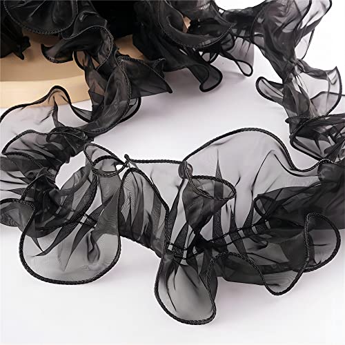 10 Yards 12 CM Organza Perlen Rüschen-Spitze, Spitzenband Spitzenborte RüSchenborte Perlenband RüSchenstoff Zierborte Lace Trim SpitzenbordüR Spitzenbesatz HäKelspitze Saumspitze StoffbordüRe,Schwarz von JekyTMP