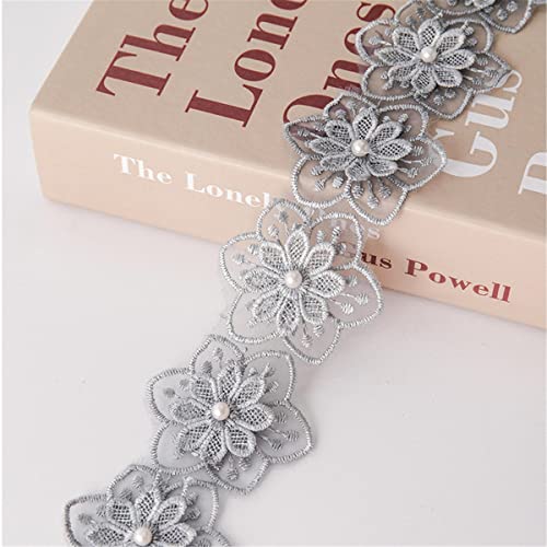 5 Yards 6 CM Perlenbesetzter Blumenmuster-Spitzenbesatz, Spitzenband Mit Perlen Spitzenborte ZierbordüRe Geschenkband Spitzband BordüRe Spitze HäKelbordüRe Lace Roll Stoffborte Perlenband Borte,Grau von JekyTMP