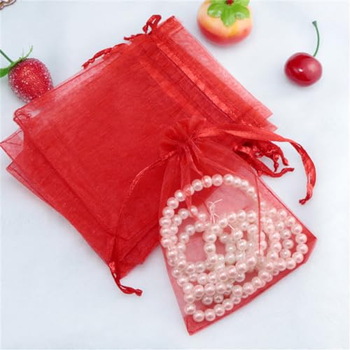 50 Stück 25x35cm Organzasäckchen Geschenktüten OrganzaBeutel Schmuckbeutel mit Kordelzug Gross Organza Bonbonsbeutel Hochzeit Säckchen Lavendelsäckchen für Schmuck Geschenke Süßigkeiten (Rot) von JekyTMP