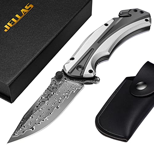 Jellas Damast Klappmesser, Taschenmesser mit Olivenholzgriff, 3-in-1 Outdoor Messer mit Glasbrecher und Gurtschneider für Camping, Jagd, Angeln, Wandern, mit Holzgriff & Lederscheide & Geschenkbox Jellas Damast Klappmesser, Taschenmesser mit Olivenholzgriff, 3-in-1 Outdoor Messer mit Glasbrecher und Gurtschneider für Camping, Jagd, Angeln, Wandern, mit Holzgriff & Lederscheide & Geschenkbox von Jellas