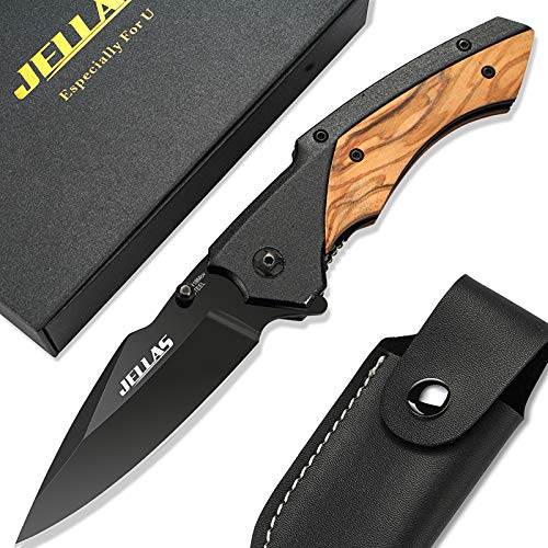 Klappmesser mit Spitzer und Gürteltasche, JELLAS Taschenmesser mit Schwarz Beschichteter 9Cr18-Klinge, Outdoor Messer für Camping, Jagd, Angeln mit Holzgriff, KN02 Klappmesser mit Spitzer und Gürteltasche, JELLAS Taschenmesser mit Schwarz Beschichteter 9Cr18-Klinge, Outdoor Messer für Camping, Jagd, Angeln mit Holzgriff, KN02 von Jellas