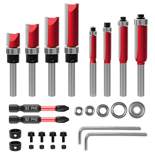 10 Stück Bündigfräser 8mm mit 2 Schlagmagnetbits, 8mm Schaft Bündigfräser, 6 Lager, 2 Schraubenschlüssel, Kopierfräser 8mm, Holzfräser für Oberfräse Hartmetall-Holzbearbeitungsfräser-Sets 10 Stück Bündigfräser 8mm mit 2 Schlagmagnetbits, 8mm Schaft Bündigfräser, 6 Lager, 2 Schraubenschlüssel, Kopierfräser 8mm, Holzfräser für Oberfräse Hartmetall-Holzbearbeitungsfräser-Sets von Jellybibo