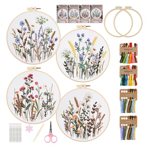 Jellybibo Anfänger Stickerei Set Stickerei Set, Stickset für Anfänger mit 4 Stück Stickrahmen Farbfäden Werkzeuge für DIY Kunst Handwerk Nähen von Jellybibo