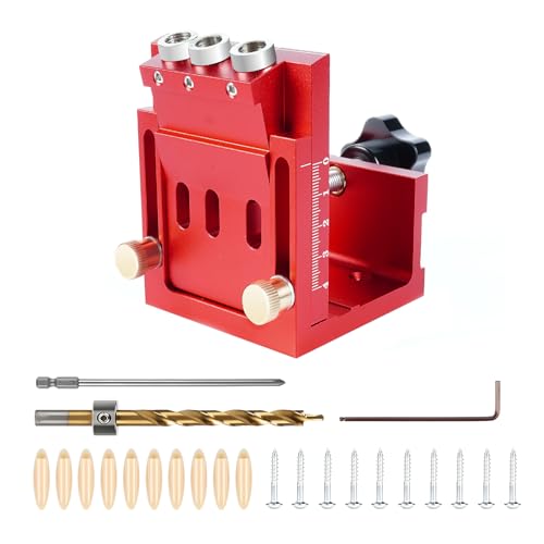 Jellybibo Pocket Hole Jig Set, 3 Löcher Einstellbar Holzdübel Taschenloch Bohrschablone, 15° Schrägloch Bohrschablone, Holzbearbeitung Sacklochbohrer mit 9.5 mm Bohren Schräg Bohrvorrichtung von Jellybibo