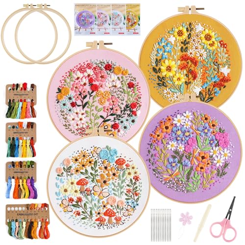 Jellybibo Stickset für Anfänger, Stickset für Anfänger 4 Stück, Blumenmuster Pflanzen Sticken Set Erwachsene Stickerei Set für DIY Kunst,Handwerk von Jellybibo
