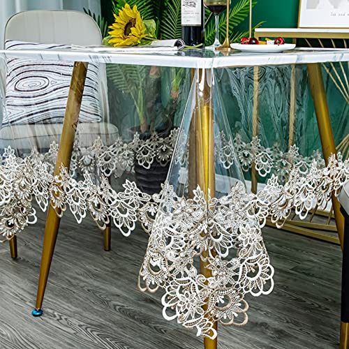 Transparente rechteckige Kunststoff-Tischdecke, Vinyl-PVC, wasserdicht, bestickter Spitzenrand, transparente Tischdecke für Küche, Esszimmer, Couchtisch (152,4 x 198,1 cm, Khaki-Flora) von Jeloris