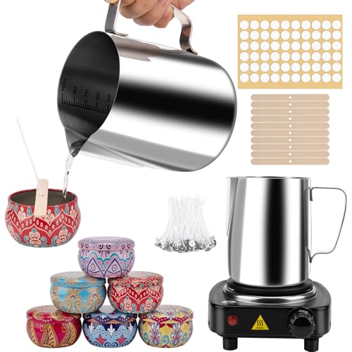 JelyArt Kerzenherstellung Kit Kerzen Selber Machen Set inkl Wachsschmelztopf (900ml), 6 Dosen, 100 Dochten, 60 Haftetiketten – DIY Gießen Kerzen für Erwachsene von JelyArt