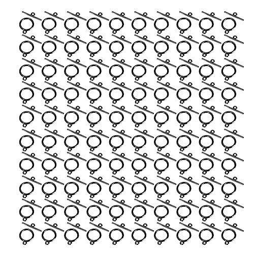 Jenngaoo 100 Sets Knebelverschlüsse, 2mm Legierung OT Schnalle Runde Knebelkreisverschlüsse im Tibetischen Stil T-Bar Verschlussclip für DIY Halskette Armband Schmuck(Schwarz) von Jenngaoo