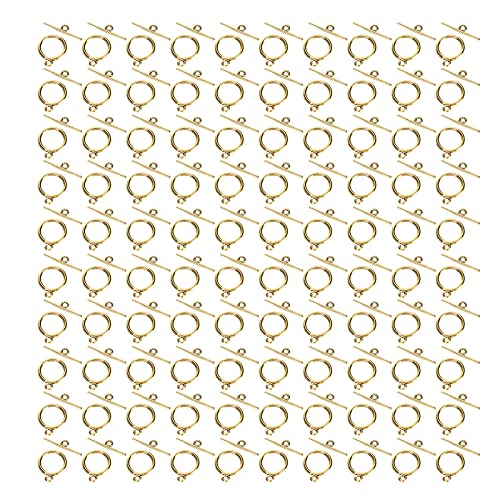 100 Stück Knebelverschlüsse, 2mm Legierung OT Schnalle Runde Kippverschlüsse im Tibetischen Stil T Bar Verschlüssefür DIY Halskette Armband Schmuckherstellung (Gold) von Jenngaoo
