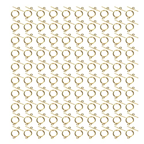 Jenngaoo 100 Stück Knebelverschlüsse, 2mm Legierung OT Schnalle Runde Kippverschlüsse im Tibetischen Stil T Bar Verschlüsse für DIY Halskette Armband Schmuckherstellung (Gold) von Jenngaoo