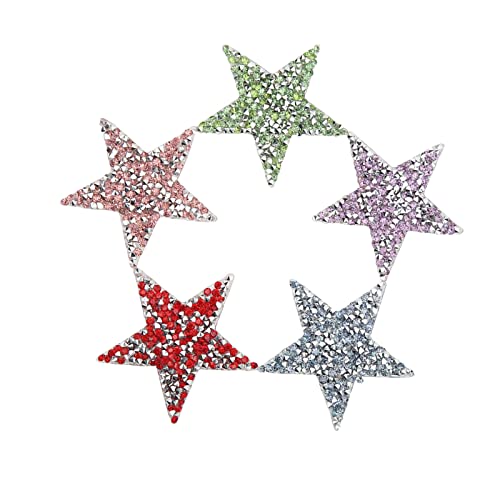 Jenngaoo 5 Stück Bügelbild Sterne Strass, 6 cm Farbige Heißschmelzende Selbstklebende Sterne Glitzersterne Strass Patches Sternmuster Applikationen Kleidung Reparatur Dekoration von Jenngaoo