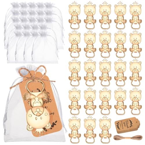 Jenngaoo Babyparty Return Gefälligkeiten, 24 Sets Bärenflaschenöffner Keyring Party Favorpackungen mit Organza Taschen Danke Tags und Jute Seil für Babyparty Themenparty von Jenngaoo