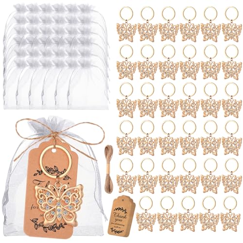 Jenngaoo Babyparty Rückkehr Gefälligkeiten, 24 Sets Geburtstagsfeier Souvenir Schmetterling Schlüsselbund Souvenir mit Organza -Taschen Dank Tags und Twine für Babyparty Hochzeit Return (36pcs) von Jenngaoo