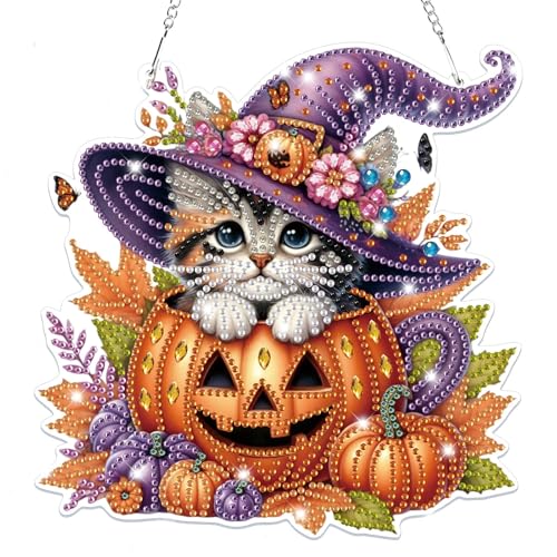 Jennytim Diamond Painting Fensterbilder Halloween, 5D Diamond Painting Geist Fensterbilder Beidseitig für Erwachsene Kinder, Bastelset Kreativ Set, Hängend Ornament Kranz (cat) von Jennytim