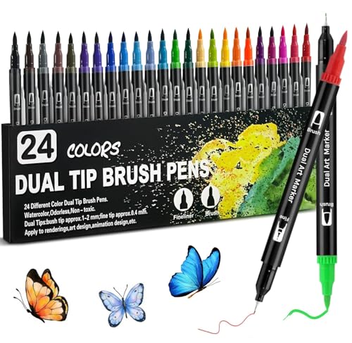 Jennytim Filzstifte, 24 Filzstifte Dicke und Dünne, Dual Brush Pinselmarker für Erwachsene und Kinder – Zum Ausmalen, Zeichnen, DIY-Projekte, Journaling, Scrapbooking und Schulbedarf von Jennytim