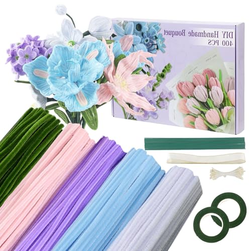 Tulip Bouquet Pfeifenreiniger Set, 400 Stück Pfeifenputzer zum Basteln Bouquet Art Supplies 4 Farben Pipe Cleaner mit 20 Stück Grünem Bastelfaden, Geschenkband, Klebeband (Farbenfroh) von Jennytim