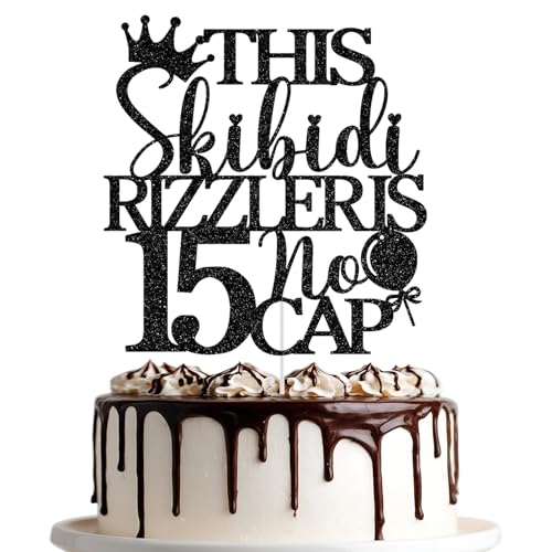 Dieser Skibidi Rizzler ist 15 ohne Kappe, Tortenaufsatz "Happy 15th Birthday", Party-Dekoration, schwarzer Glitzer Dieser Skibidi Rizzler ist 15 ohne Kappe, Tortenaufsatz "Happy 15th Birthday", Party-Dekoration, schwarzer Glitzer von Jenrtvis