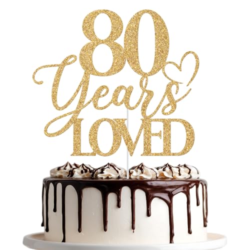 Tortenaufsatz mit Aufschrift "80 Years Loved", "Happy 80th Birthday", "Cheers to 80 Years", Party-Dekoration, goldfarbener Glitzer Tortenaufsatz mit Aufschrift "80 Years Loved", "Happy 80th Birthday", "Cheers to 80 Years", Party-Dekoration, goldfarbener Glitzer von Jenrtvis