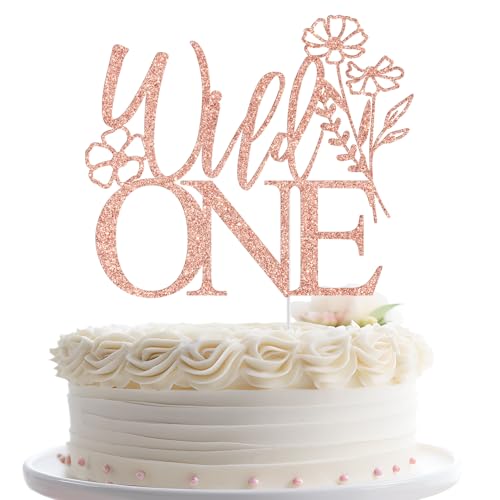 Wild One Tortenaufsatz, Wildblumen-Dekoration für den 1. Geburtstag, Blumenmotiv, für den ersten Geburtstag, Babyparty, Party-Dekorationen, Roségold-Glitzer von Jenrtvis