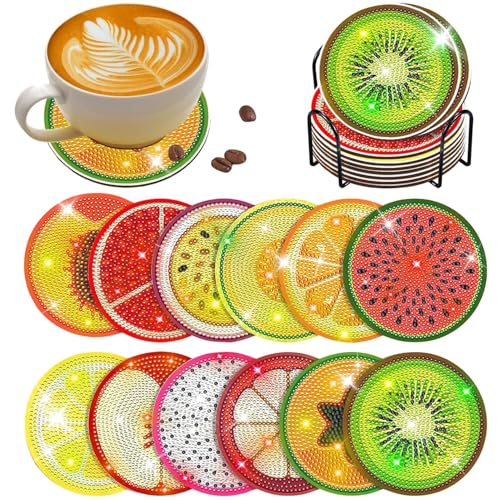 12 Stück Diamond Painting Untersetzer Mit Halter, DIY Obst Diamond Painting Erwachsene zum Basteln, Diamant Tassenuntersetzer Obst Malerei Untersetzer für Geburtstagsgeschenk Erwachsene und Kinder (A) von Jenshhch
