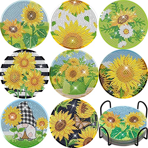 8 Stück Diamond Painting Untersetzer Sonnenblumen, 5D Diamond Painting Blumen mit Halter, Diamant Malerei Basteln Erwachsene rutschfest Untersetzer für Tassen, Weingläser, Vasen und Heimküche (A) von Jenshhch