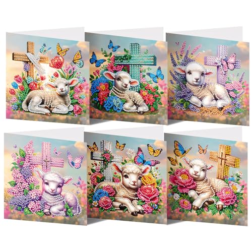 DIY Diamond Painting Osterkarten mit Umschlag, 5D Diamond Painting Grußkarten Frohe Ostern, 2025 Neu Diamond Art Painting Ostern Faltbare Karten Bastelset Ostern für Ostergeschenke Kinder (Schaf) von Jenshhch