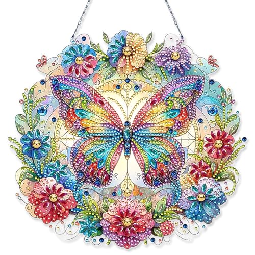 Diamond Painting Ostern Anhänger, Frühling Diamond Painting Türkranz, Diamant Painting Schmetterling Blumen, 5D Diamond Painting Fensterbilder mit Kette für Ostern Deko, Frühlingsdeko und Geschenk (A) von Jenshhch