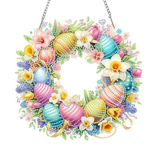 Diamond Painting Ostern Türkranz, DIY Diamond Painting Ostern Anhänger mit Kette, 5D Diamant Painting Fensterbilder, Diamant Painting Ostereier zum Aufhängen für Fenster Wand Und Eingang Deko (F) von Jenshhch