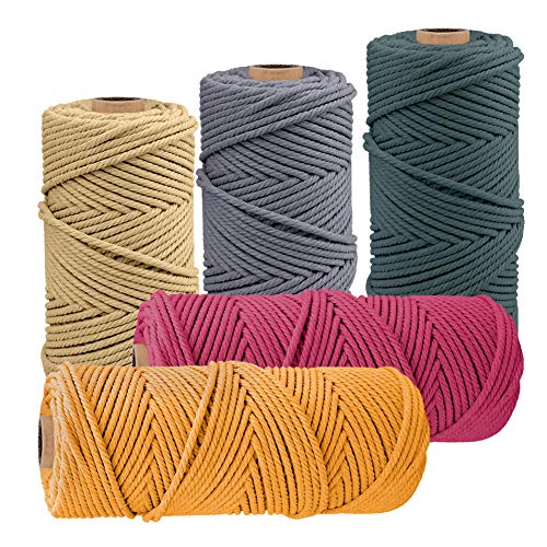 JeogYong 5 Stück Makramee Garn 2mm x 100m, natürliches Makramee-Baumwollgarn, 3-strängig, gedrehte Spule, Baumwollseil für Bastelarbeiten, Wandbehänge, Pflanzenaufhänger, Heimdekorationen von JeogYong