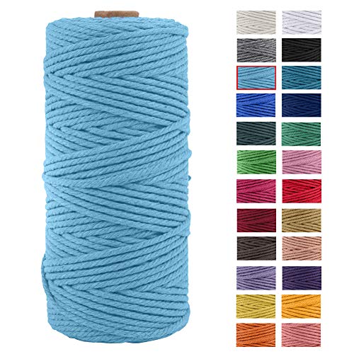 JeogYong Naturliches Baumwolle Garn, Baumwollgarn Makramee-Seil Weiches Baumwoll-Seil, zum Wandbehänge, Pflanzenhalter, Basteln, Heimtextilien, Geschenkverpackung 3 mm x 100 m (Himmelblau) von JeogYong