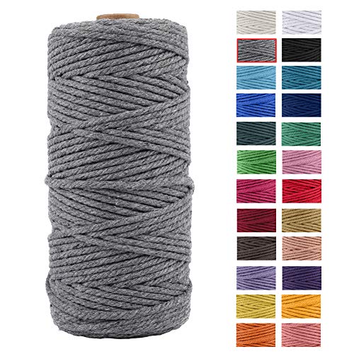 JeogYong Naturliches Baumwolle Garn, Baumwollgarn Makramee-Seil Weiches Baumwoll-Seil, zum Wandbehänge, Pflanzenhalter, Basteln, Heimtextilien, Geschenkverpackung 3mm x 109 Yards (Grau) von JeogYong