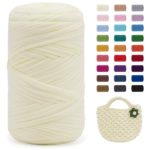 JeogYong T-Shirt-Garn, 400 g, elastischer Stoff, Häkeltuch, T-Shirt-Garn, dickes handgestricktes Polyester-Stoffband zum Häkeln von Taschen/Körben/Teppichen, Heimdekoration, DIY Handwerk (cremefarben) von JeogYong