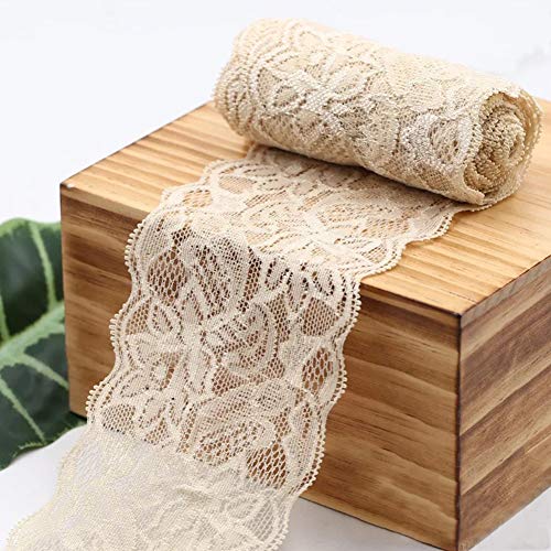 Nähen Farbiges Spitzenband, JeogYong 2m Gesticktes Stretch Tüll Spitzenbesatz Spitze Band 8cm Breite, Vintage Blumen Spitzen Rolle für DIY-Handwerk, Hochzeit, Kleidung, Party (Beige) von JeogYong