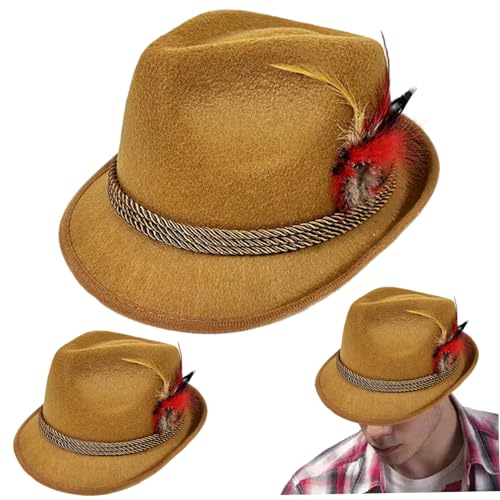 Jeorywoet Fedora Hut Männer, 2PCS Festival Hat, Oktoberfest Mens Fedora Hüte mit Federn, klassische Retro -Kappen für Halloween -Dress -up, Bierfestival -Rollenspiel, Herrenkleid Hut, Khaki von Jeorywoet