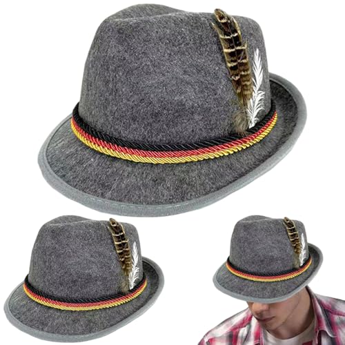 Jeorywoet Fedora Hut Männer, 2pcs Festivalhut, Oktoberfest Mens Fedora Hüte mit Federn, klassische Retro -Kappen für Halloween -Dress -up, Bierfestival Rollenspiel, Herrenkleider Hüte, Dunkelgrau von Jeorywoet