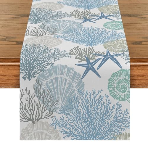 Jeorywoet Nautical Table Runner, 59x13 Zoll Rechteck Tischläufer, Korallensternküstenküstendekor, Sommertischläufer für Hochzeitsfeier, Bankett, Hauswarminggeschenke, Sommertischläufer Jeorywoet Nautical Table Runner, 59x13 Zoll Rechteck Tischläufer, Korallensternküstenküstendekor, Sommertischläufer für Hochzeitsfeier, Bankett, Hauswarminggeschenke, Sommertischläufer von Jeorywoet